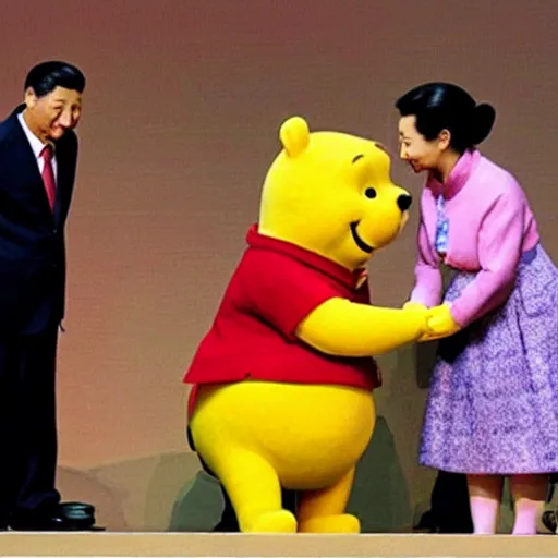 Prompt: xi jinping kissing winnie the pooh on stage