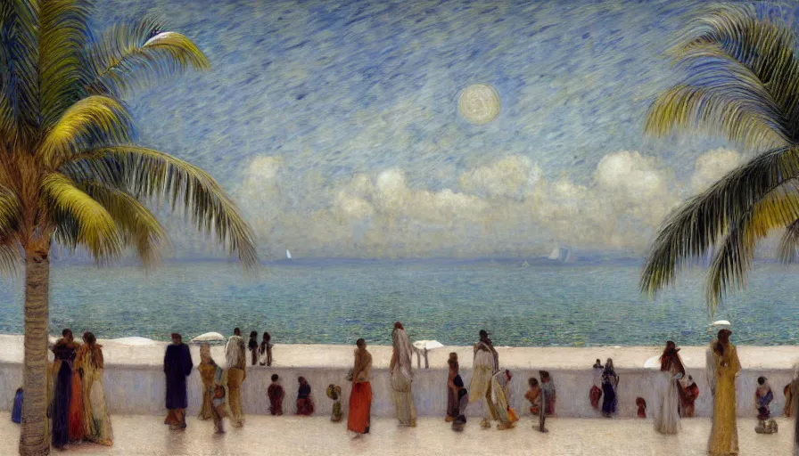 Image similar to a ultradetailed beautiful painting of the night sky of the amazonas palace balustrade designed by jules bastien - lepage, tarsila do amaral, frank weston and gustave baumann, beach, trending on artstation, mediterranean, palm trees, sharp focus, sail boats, soft light, 8 k 4 k