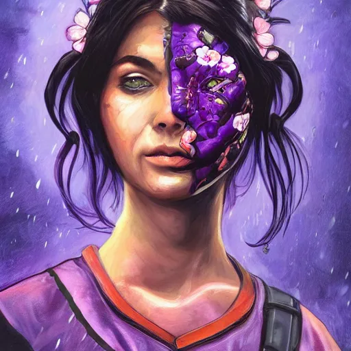 Image similar to an epic fantastic realism comic book style portrait painting of a purple - eyed girl, cherry blossom rain everywhere, apex legends,