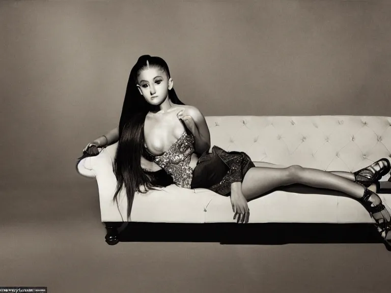 Image similar to award winning photo of Ariana Grande on a chesterfield lounge, symmetrical face, beautiful eyes, studio lighting, wide shot art by Sally Mann & Arnold Newman