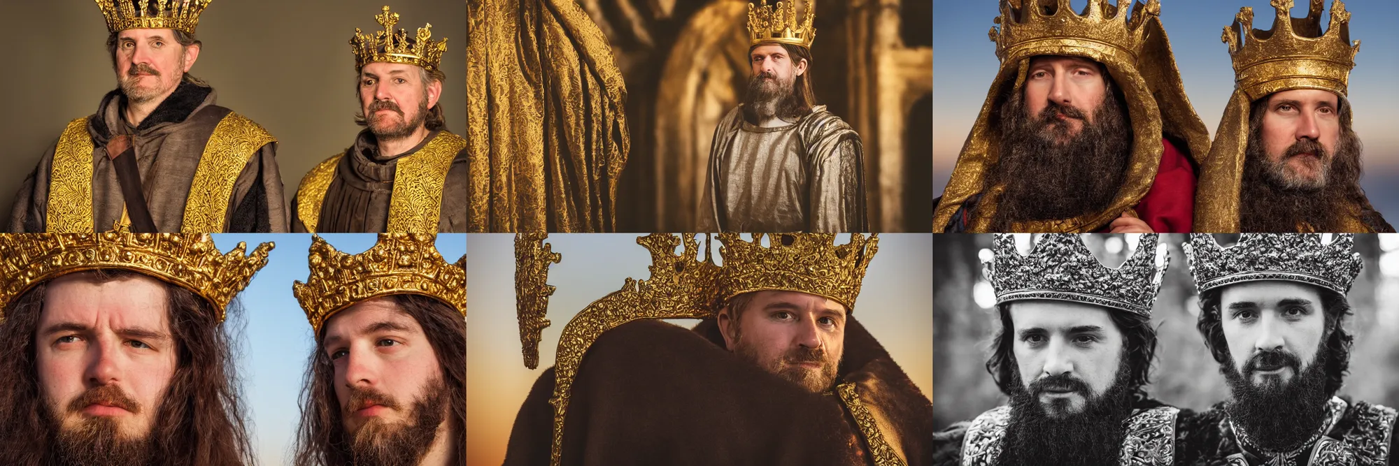 Prompt: portrait photo of a medieval king wearing a crown, golden hour, 8 0 mm