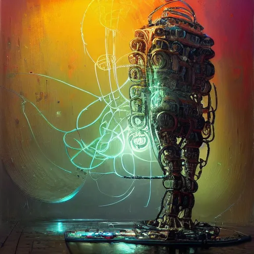 Image similar to low angle shot of a t A Robot With its head missing, gushing out oil from the hole, walking towards the viewer, neon color scheme, by Clive Barker , intricate, elegant, highly detailed, centered, digital painting, artstation, concept art, smooth, sharp focus, illustration, artgerm, Tomasz Alen Kopera, Peter Mohrbacher donato giancola, Joseph Christian Leyendecker, WLOP, Boris Vallejo.