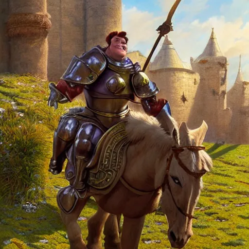 Prompt: shrek as a glorious devout shining powerful epic amazing awesome very handsome attractive muscular stylish knight in shining golden armor riding donkey, fantasy art, highly detailed, photorealistic, octane render, 8 k, unreal engine, art by artgerm and greg rutkowski and alphonse mucha
