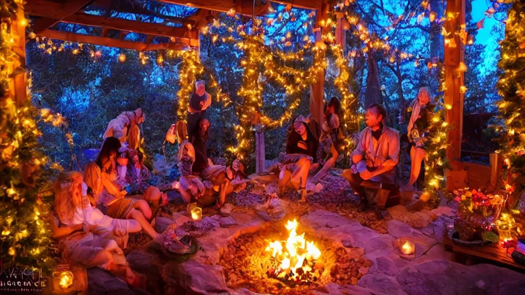 Image similar to party at midnight, bay area, peyote colors, fire pit, hot tub, candles, people, cozy, warm, beautiful, cozy environment, ornate, intricate, glowing emitting light ornaments, 8 k, rule of thirds, cinematic, highly detailed, movie still