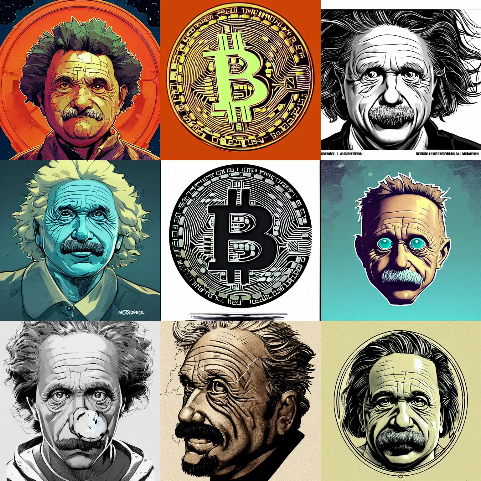 Prompt: cell shaded bitcoin are eyes of einstein, front face view macro head shot, llustration, concept art by josan gonzales and wlop, mike mignola, laurie greasley, highly detailed, sharp focus, logo trending on artstation, hq
