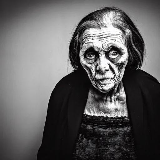 Prompt: photo of an scary old woman in black suit, horror, high detail, caravaggio style, black and white, cinematic light, reasilsm