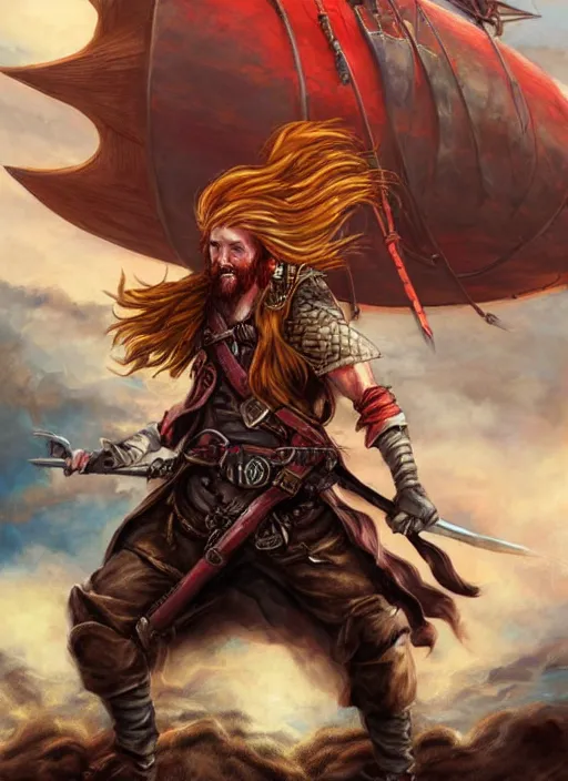 Image similar to epic fantasy portrait painting of a long haired, red headed male sky - pirate in front of an airship in the style of the king killer chronicles