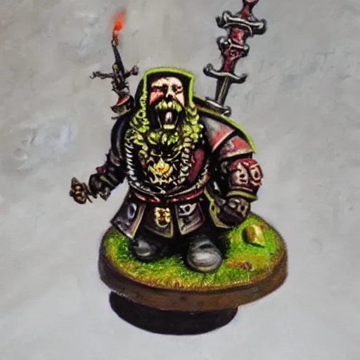 Image similar to chaos dwarf smith in the style of warhammer fantasy : : head and torso oil painting