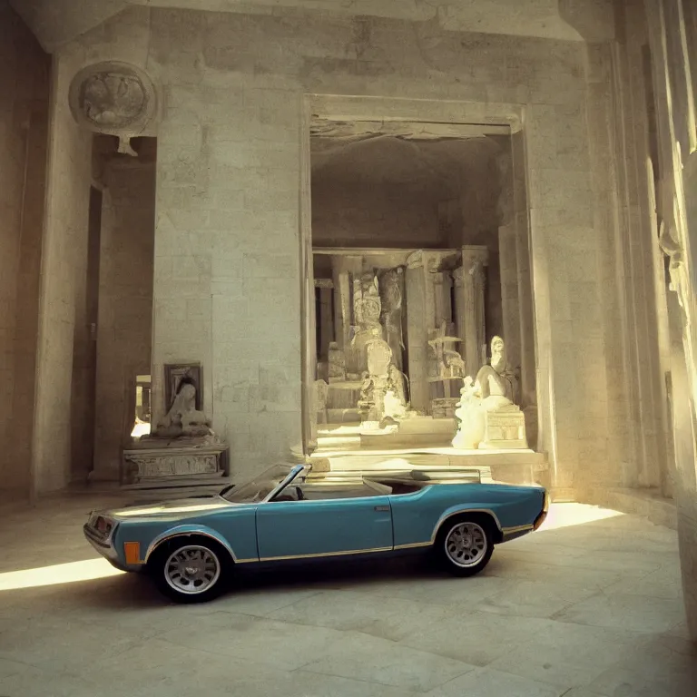 Image similar to 1 9 7 0 s car inside a marble temple, film photo, soft lighting album cover, nostalgia, gradient, light reflection