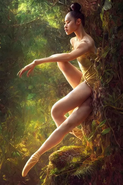 Image similar to stunningly beautiful, filipina prima ballerina in jungle, symmetrical face, golden hour, smooth, focus, highly detailed, hyper realistic, dramatic lighting, elegant, intricate, concept art, art by wlop, mars ravelo, greg rutowski, artstation