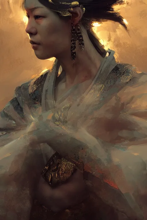 Image similar to Japanese god, portrait, powerfull, intricate, elegant, volumetric lighting, scenery, digital painting, highly detailed, artstation, sharp focus, illustration, concept art, ruan jia, steve mccurry