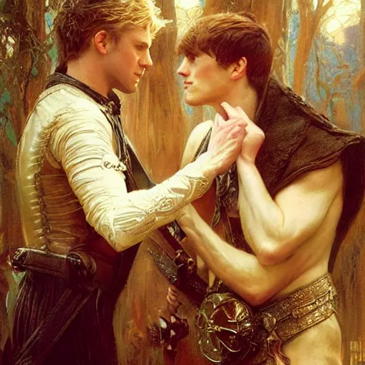 Image similar to attractive male arthur pendragon confesses his love to attractive male merlin. highly detailed painting by gaston bussiere, craig mullins, j. c. leyendecker 8 k