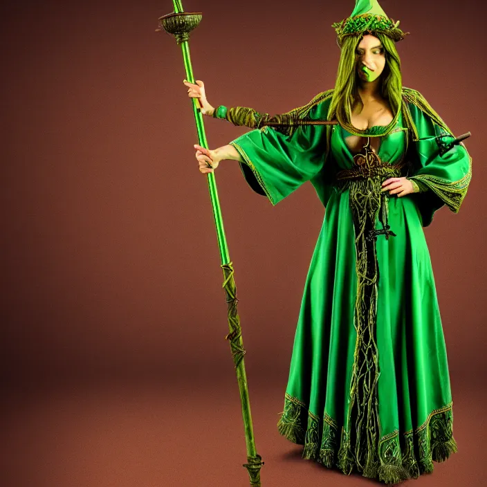 Prompt: photograph of a real-life beautiful earth witch with ornate green robes and staff. Extremely detailed. 8k