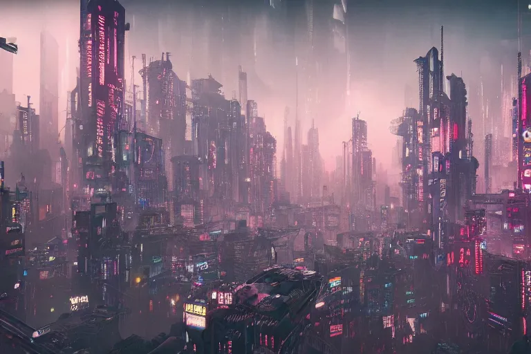 Image similar to dense and detailed dystopian cyberpunk city skyline, multicolored, 8k