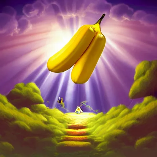 Prompt: heavenly banana going to heaven. perfection. digital art by meeple