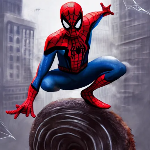 Image similar to spider - man sit on the raccoon and eating donuts, concept art, trending on artstation, highly detailed, intricate, sharp focus, digital art, 8 k