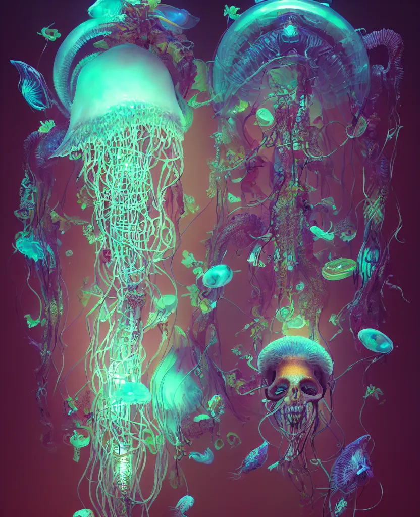 Image similar to human thorax, jellyfish phoenix head, nautilus, orchid, skull, betta fish, bioluminiscent creatures, intricate artwork by Tooth Wu and wlop and beeple. octane render, trending on artstation, greg rutkowski very coherent symmetrical artwork. cinematic, hyper realism, high detail, octane render, 8k