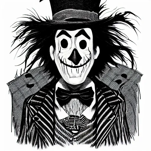 Image similar to a Pop Wonder scary horror themed goofy-hilarious-character Babadook-scarecrow-madhatter-williewonka-wearing a scarf, 3-piece-suit, dime-store-comic drawn with charcoal and pen and ink, half-tone-line-stacking