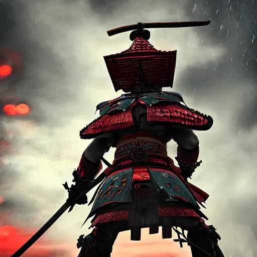 Image similar to a samurai looking to the sky while it's raining blood on his face, unreal engine fantasy art, hauntingly beautiful art, beautiful composition, hd, 8k, detailed, nighttime