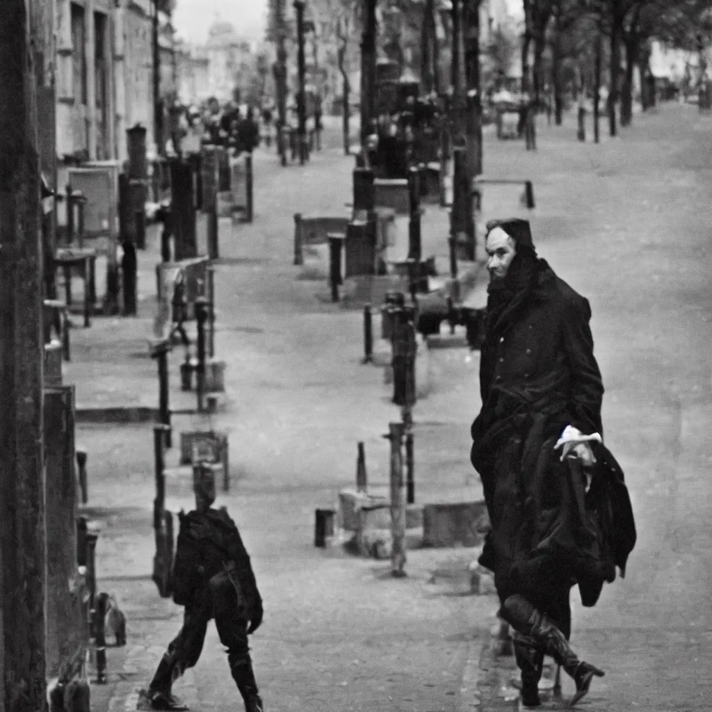 Prompt: 35mm, Black and white portrait of a desperated man in Paris during the 1790s, in the style of Sebastião Salgado Award winning photograph