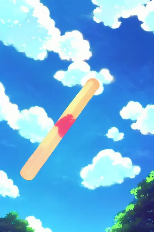 Image similar to a giant!!!! popsicle, with clouds INSIDE THE POPSICLE, blue sky, low angle, cinematic, makoto shinkai