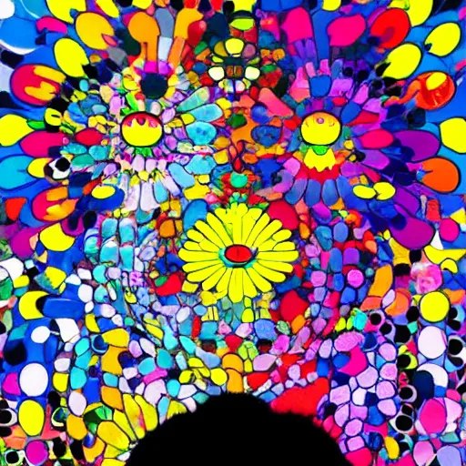 Image similar to silhouette of man's head exploding into flowers, bright colors, Takashi Murakami, Minimalist,