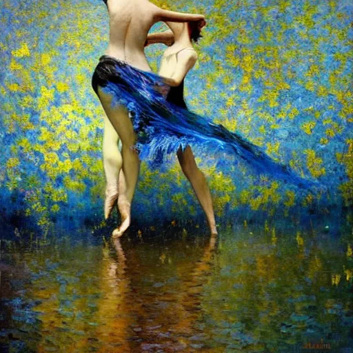 Prompt: dance of thoughts, amazing impressionistic oil painting by melinda matyas, denis sarazhin, karl spitzweg, intricate details, water reflection, fractal blue leaves, high quality, visible brush strokes, award winning, sharp focus, cool white