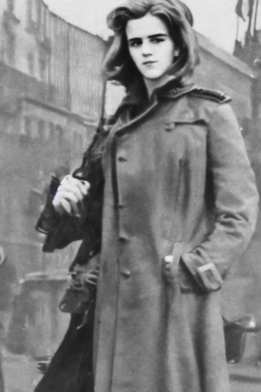 Image similar to photograph of soviet commissar, comrade emma watson, standing in a long leather coat, vintage revolution photograph, famous photo from kgb archives