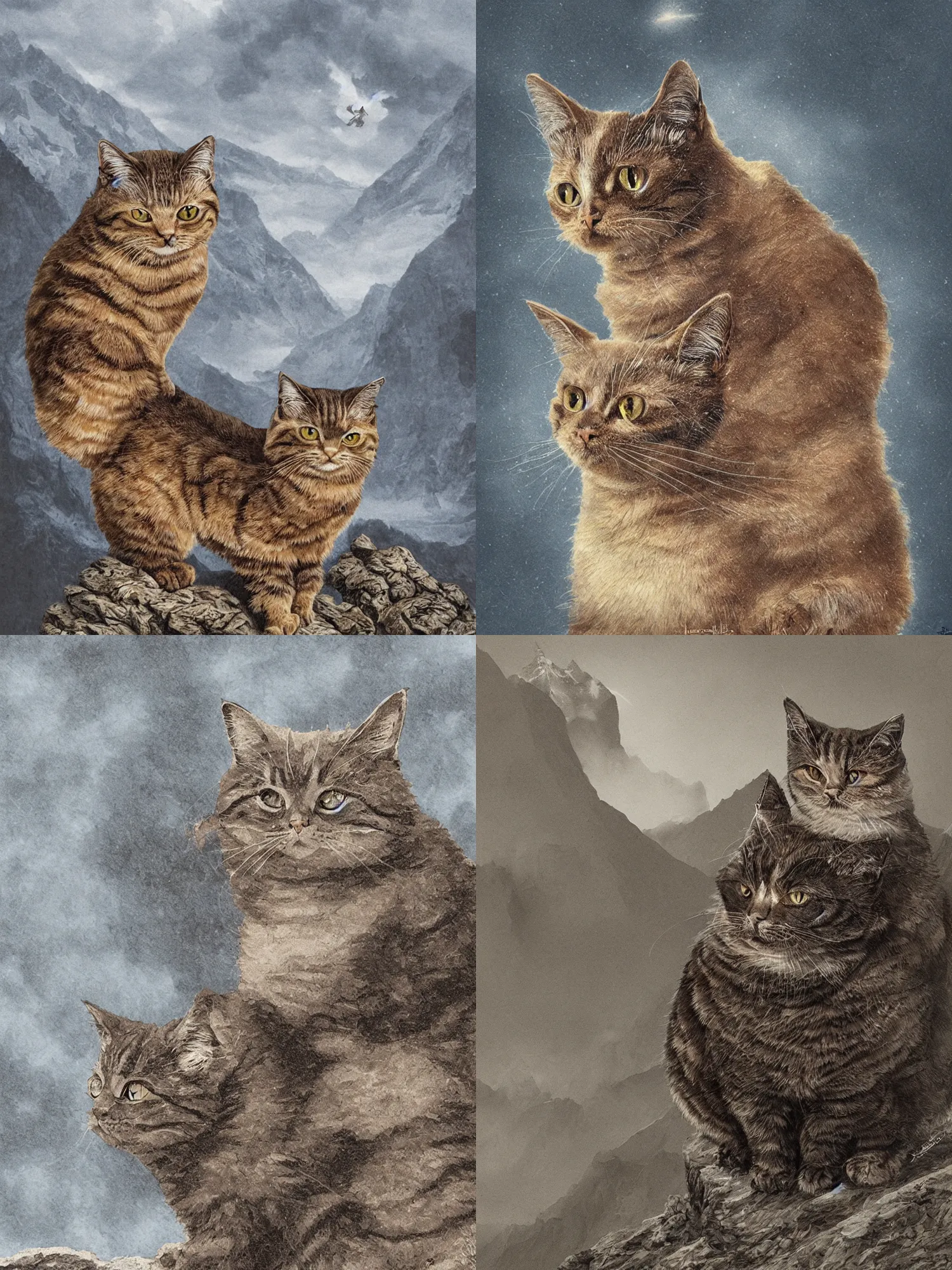 Prompt: A wise alpine cat in the style of Jacek Jerka, intricate matte painting