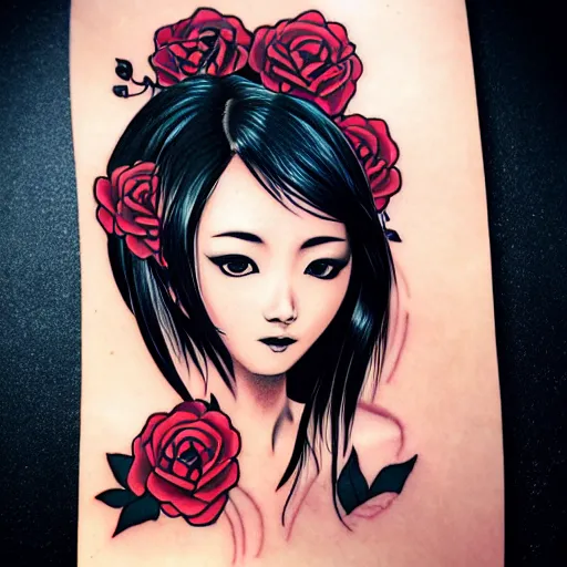 Prompt: tattoo design, stencil, beautiful asian girls face, roses and ivy surrounding by artgerm, artgerm, cat girl, anime