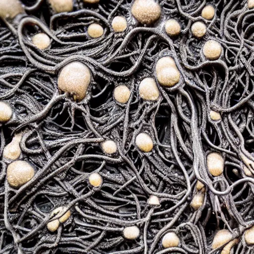 Prompt: photograph of a pitch black, tar - like fungus with lots of tendrils spreading everywhere, intricate detail, goopy, deep black tendrils, infestation