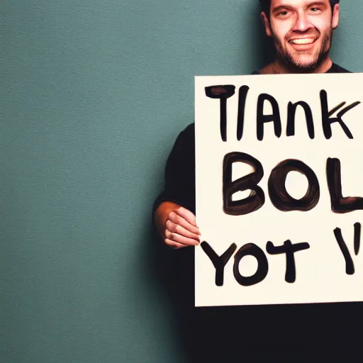 Image similar to man holding a sign that says “ thank you ” in bold uppercase letters, madly grinning, studio light