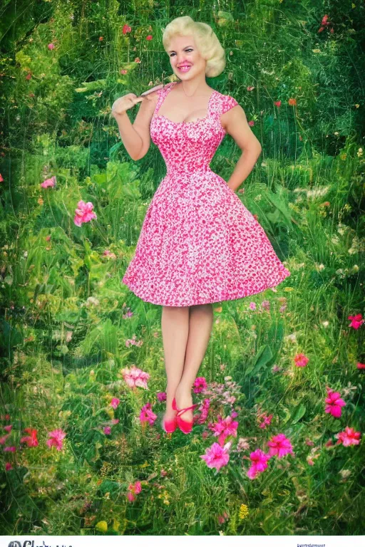 Image similar to a full view portrait of a beautifull woman, wearing a dress,with a beautifull smile,a garden background.in american style pin up.anatomically correct