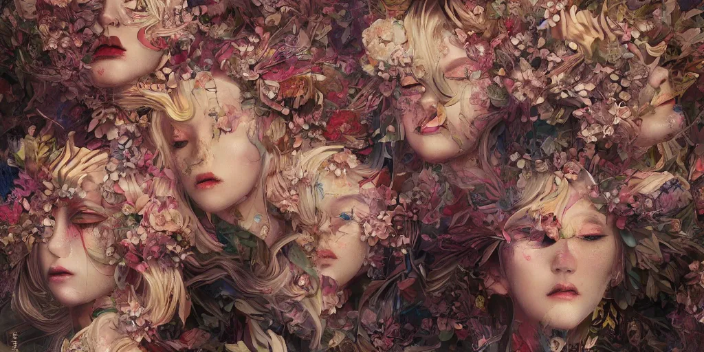 Image similar to breathtaking detailed concept art painting kaleidoscope art deco pattern of blonde faces goddesses amalmation flowers, by hsiao - ron cheng, bizarre compositions, exquisite detail, extremely moody lighting, 8 k