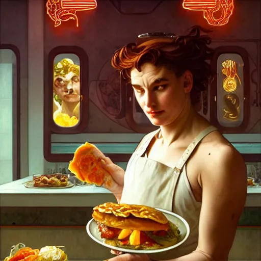 Image similar to the roman god of food, wearing a soiled apron, service short order food in a cyberpunk diner, intricate, headshot, highly detailed, digital painting, artstation, concept art, sharp focus, cinematic lighting, illustration, art by artgerm and greg rutkowski, alphonse mucha, cgsociety, edward hopper