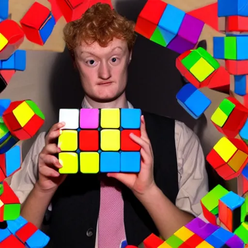 Image similar to photograph of James Acaster jugging rubiks cubes