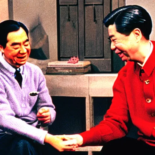 Image similar to mr. rogers and mao zedong pulling a wishbone, color photo.