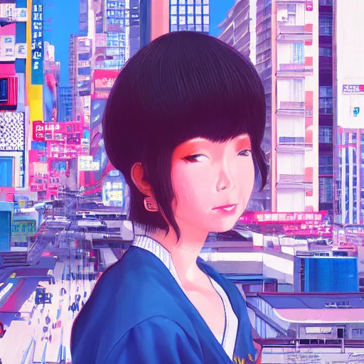 Image similar to 1 9 8 0 s japanese girl in a city pop city, hyper detailed, 8 k, trending, in artstation, digital painting, studio quality, cryengine, character design, smooth, sharp focus