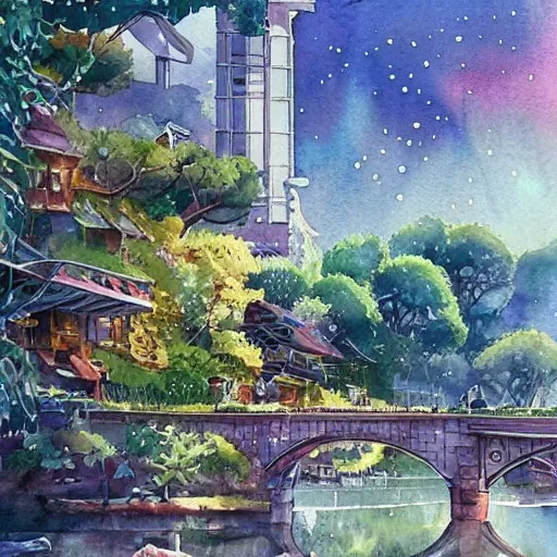 Image similar to Beautiful happy picturesque charming sci-fi town in harmony with nature. Beautiful light. Water and plants. Nice colour scheme, soft warm colour. Beautiful detailed watercolor by Lurid. (2022)