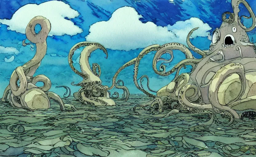 Prompt: a hyperrealist studio ghibli watercolor fantasy concept art. in the foreground is a giant grey octopus lifting a stone. in the background is stonehenge. the scene is underwater on the sea floor. by rebecca guay, michael kaluta, charles vess