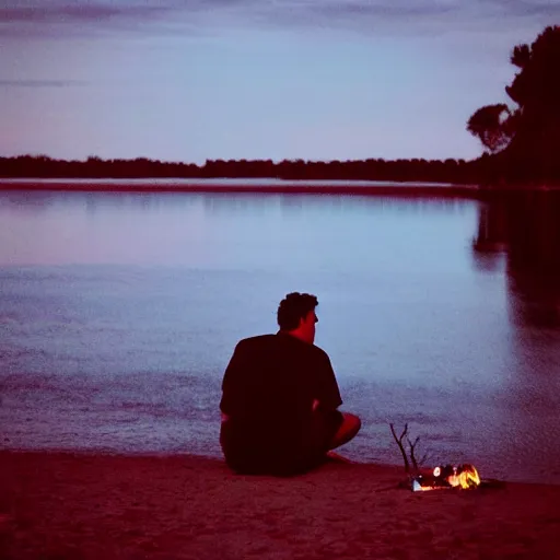 Image similar to a man sits on the beach by a lake on a moonless night, throwing pieces of his life into a fire. a great shapeless creature of darkness is drawn across the water to the light.