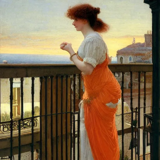 Prompt: lady with long ginger curly hair in a light blue dress petting a white cat on a balcony with a bright orange sky in the background, painting by lawrence alma - tadema, 4 k