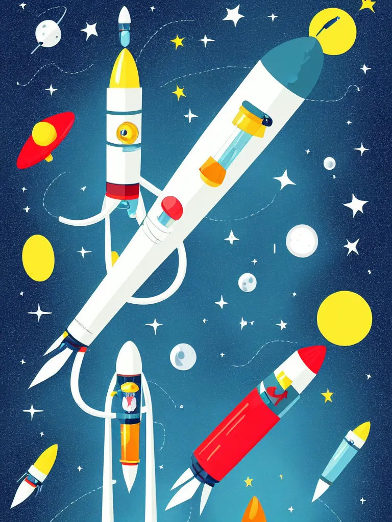 Image similar to editorial illustration scientific lab test tube telescope microscope astronaut rocket, colorful modern, mads berg