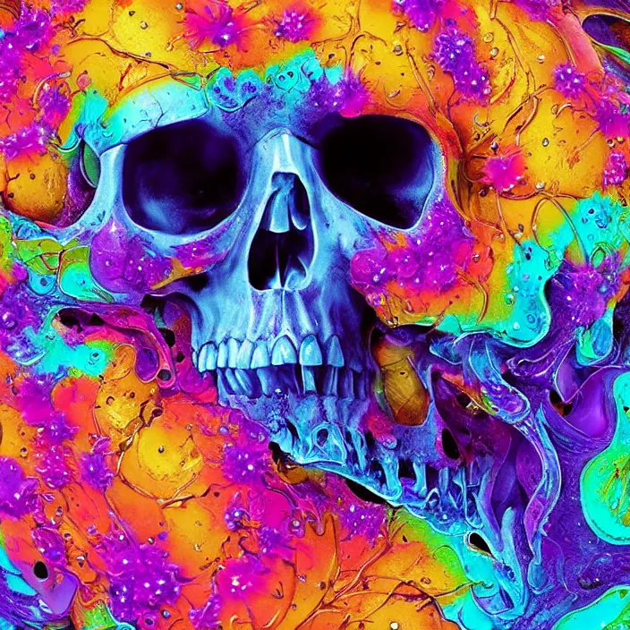 Prompt: illustration of a colorfull melting human skull. flowers and blossoms, ferrofluids, burning water distortions. intricate abstract. intricate artwork. by Tooth Wu, wlop, beeple, dan mumford. octane render, trending on artstation, greg rutkowski very coherent symmetrical artwork. cinematic, hyper realism, high detail, octane render, 8k, depth of field, bokeh. iridescent accents