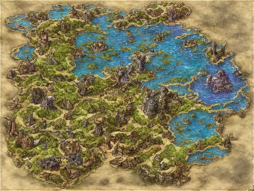 Image similar to an isometric fantasy map of a continent bordered by ocean by brian froud by jrr tolkien in the dungeons and dragons and disney styles painterly