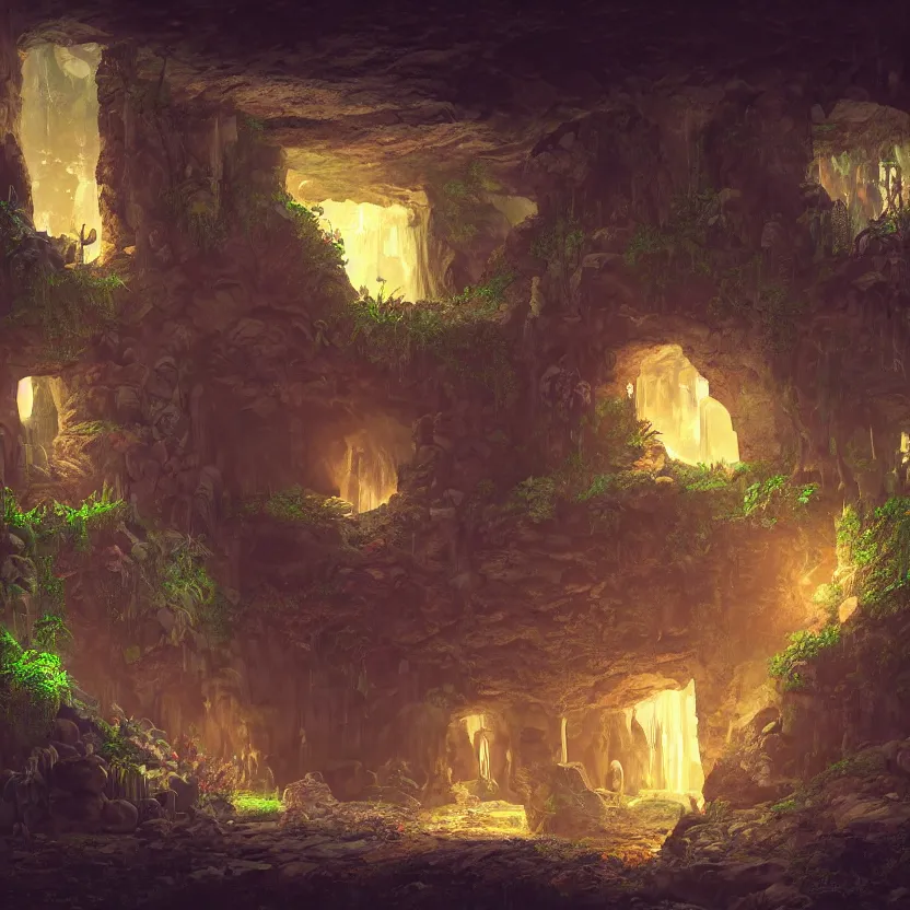 Prompt: interior of a cave with ancient ruins and plants with lights, retrowave epic art, trending on artstation, cgsociety