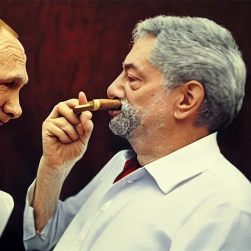 Image similar to lula da silva smoking a cigar with putin, soviet paraphernalia, 4k