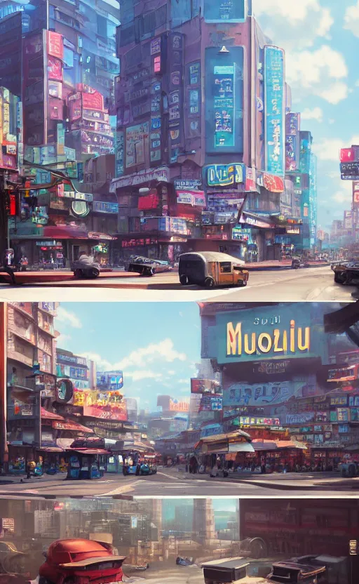 Image similar to A highly detailed matte painting of Buildings with Billboards and neonsigns by Studio Ghibli, Makoto Shinkai, by Artgerm, by WLOP, by Greg Rutkowski, volumetric lighting, octane render, 4K resolution, trending on artstation, masterpiece