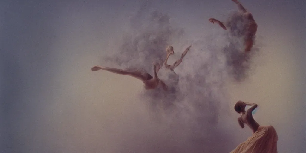 Prompt: Realistic render of an intricate and detailed dance duet made of smoke by Zdzisław Beksiński, floating in space,dream,reflections, dusty and smokey, 8k, ethereal, hyperrealism