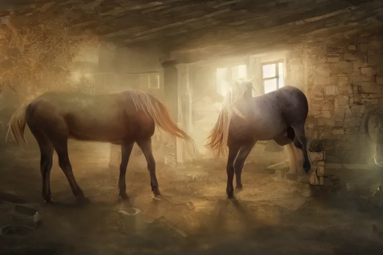 Image similar to A horse attempting to solve a jigsaw puzzle, looking confused, cinematic lighting, evening light, stables, digital painting, volumetric light, concept art, trending on artstation